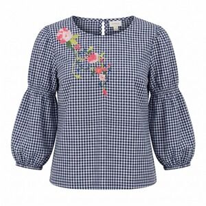 Cupio Womens XL Navy Blue Gingham Floral Embroidered Balloon Sleeve Cotton Top